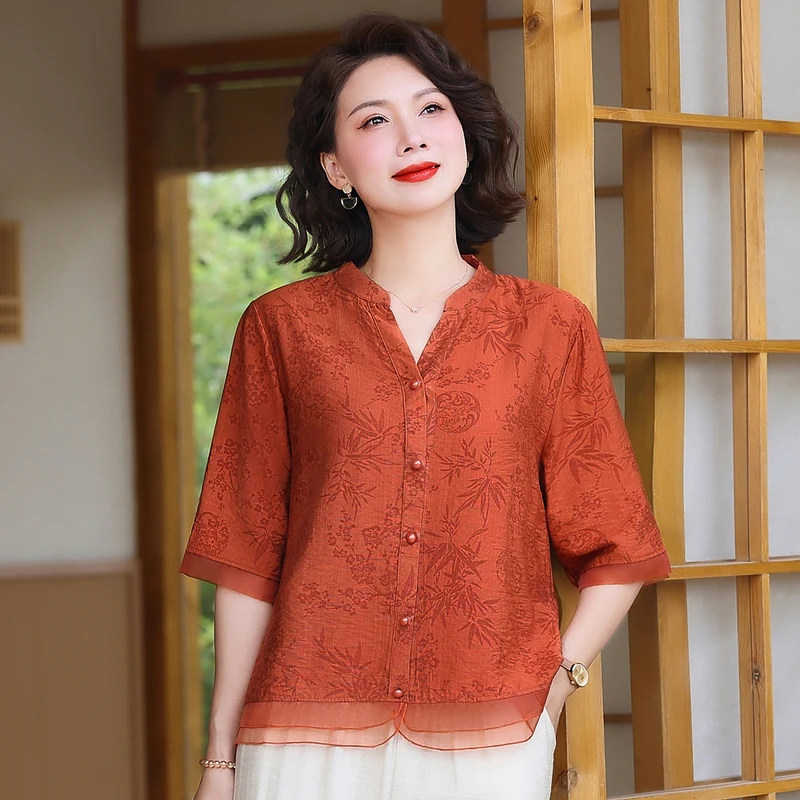 新中式妈妈夏装短袖小衫国风大码衬衫2024新款中老年女装T恤上衣