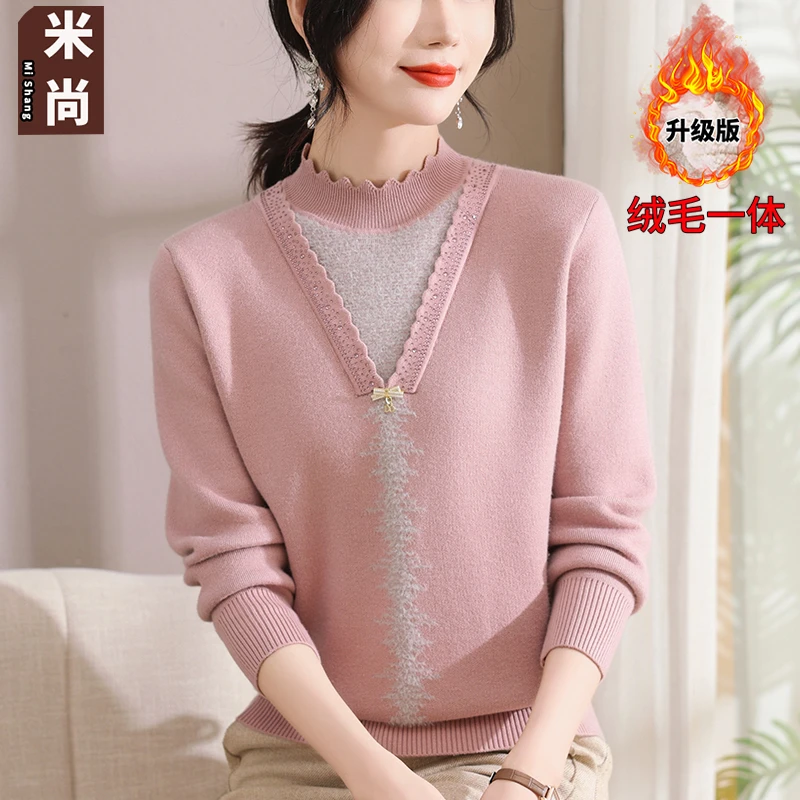 2024秋冬新款妈妈冬装加绒毛衣中老年女加厚一体绒打底衫保暖上衣