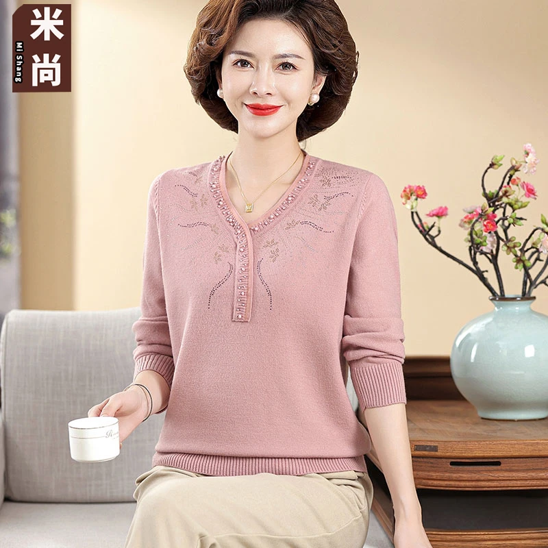 洋气妈妈2024年秋冬季新款上衣时尚V领针织打底小衫中老年女毛衣