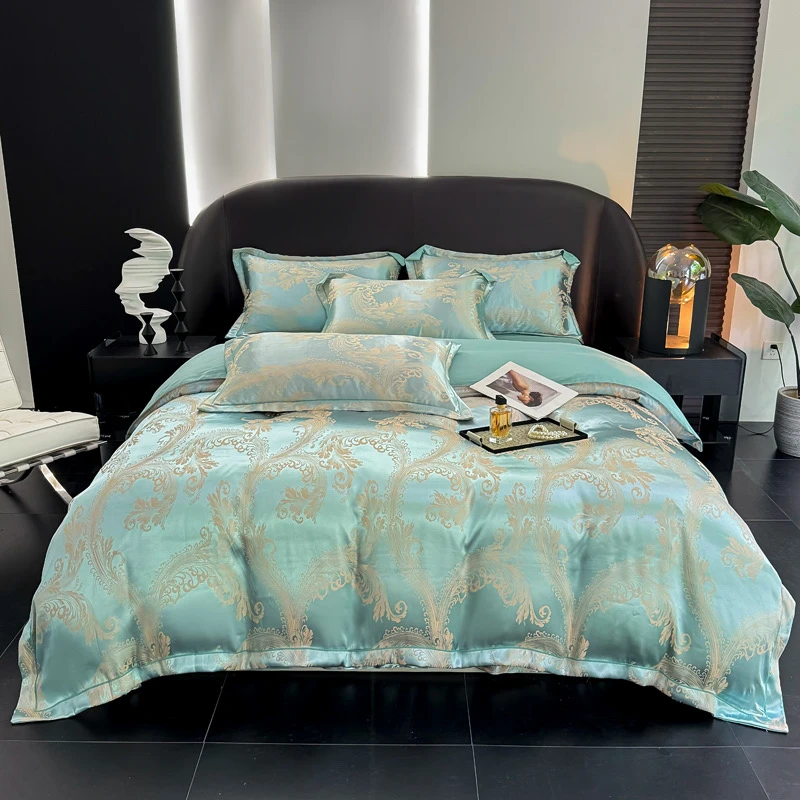 古典绿-轻奢贡缎提花高档四件套简约丝滑亲肤透气凉感强-【H162】