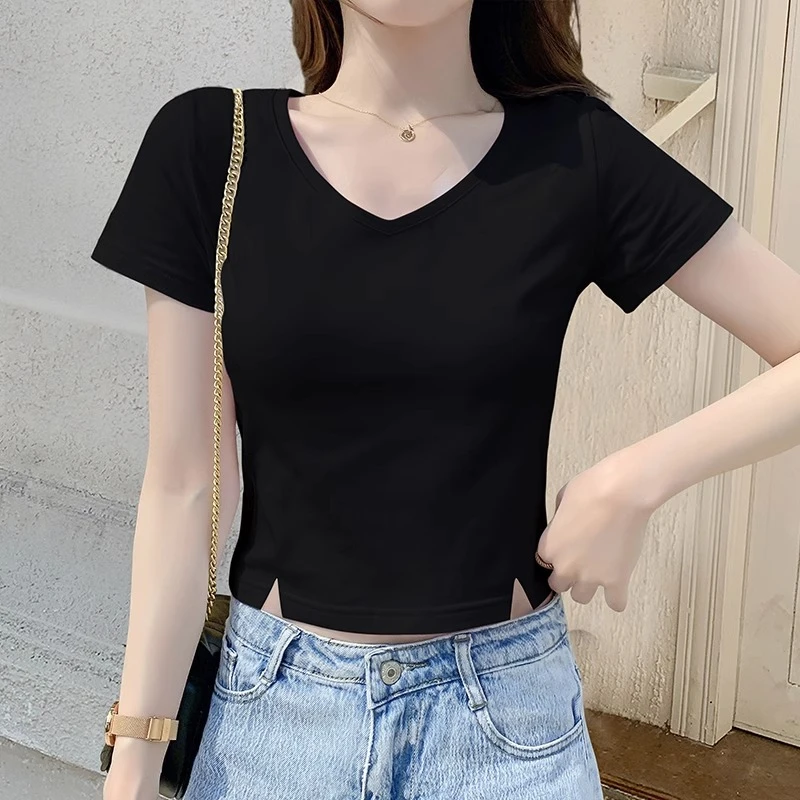 JS女秋新款V领t恤短袖小个子开叉设计修身显瘦简约露脐上衣潮流A4