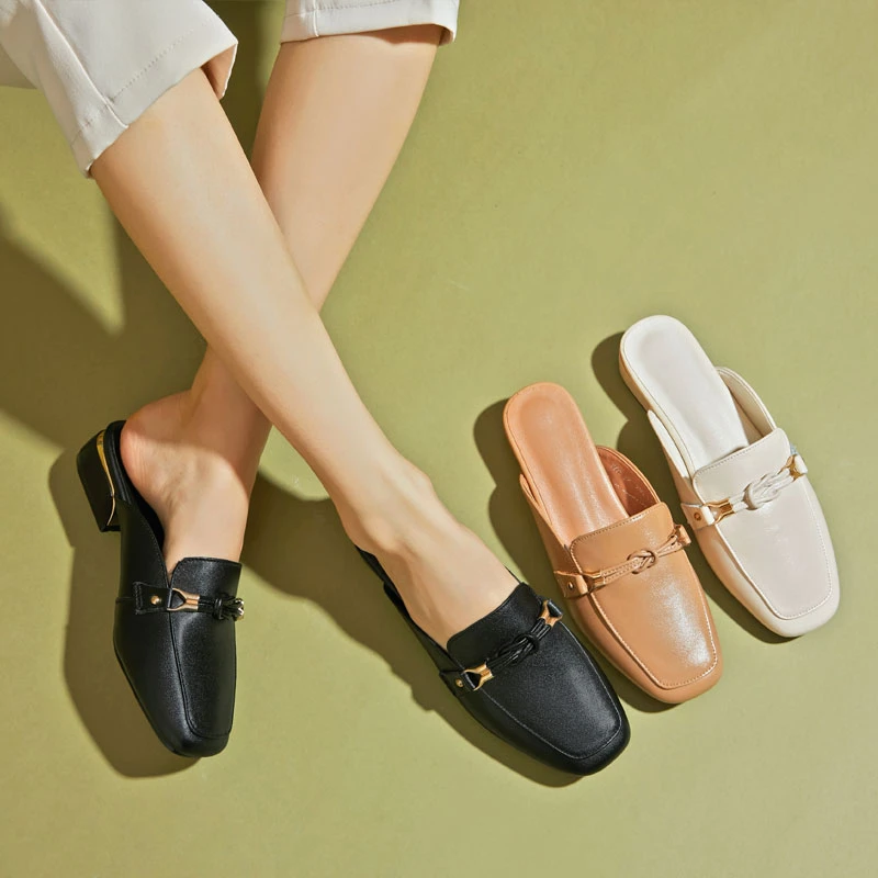 W993-2 半托单鞋女牛皮女鞋包头半拖鞋外穿穆勒懒人鞋 35-40