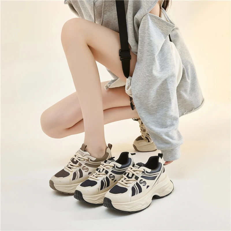 23702 真皮老爹鞋春秋新款韩版百搭拼色厚底运动鞋女