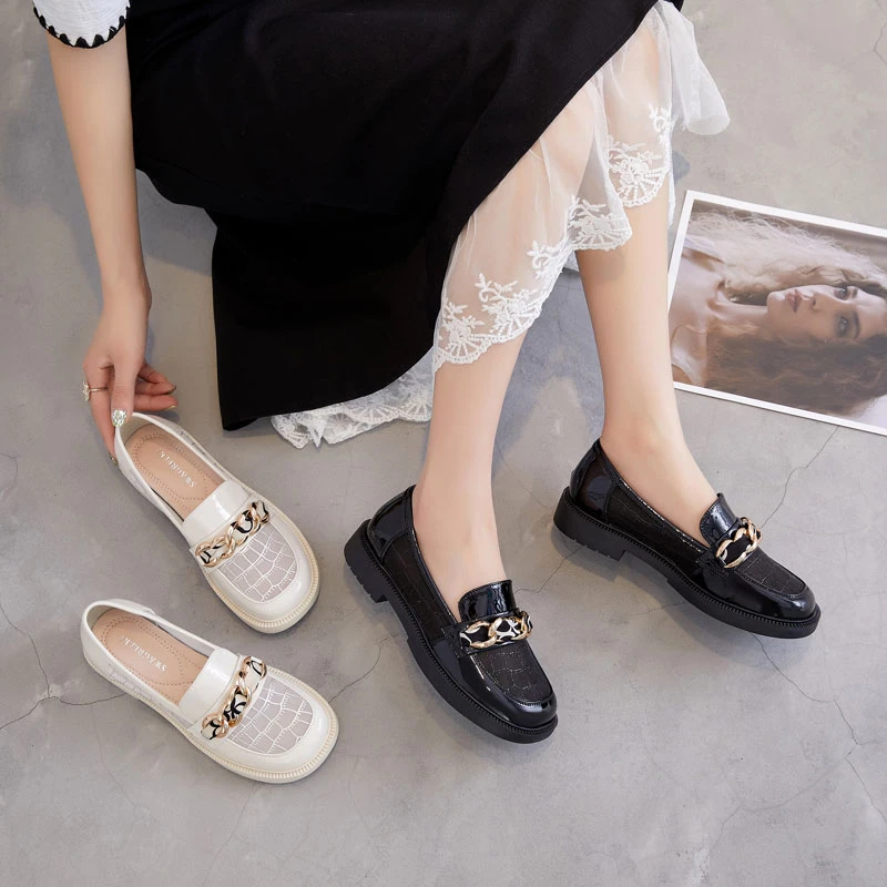 W2171-11 真皮网纱乐福鞋女2024夏季新款百搭圆头平底女鞋