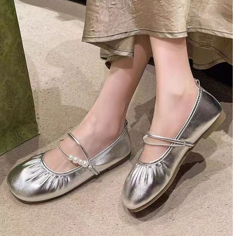 7350-15单鞋女夏新款法式温柔休闲褶皱珍珠玛丽珍鞋懒人豆豆鞋