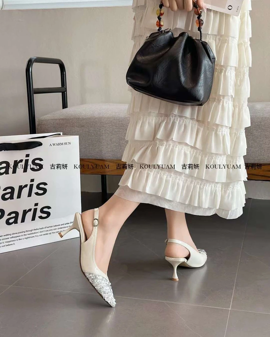 88-327[清货价]真皮后空2025新款包头凉鞋方头漆皮商场款高跟鞋