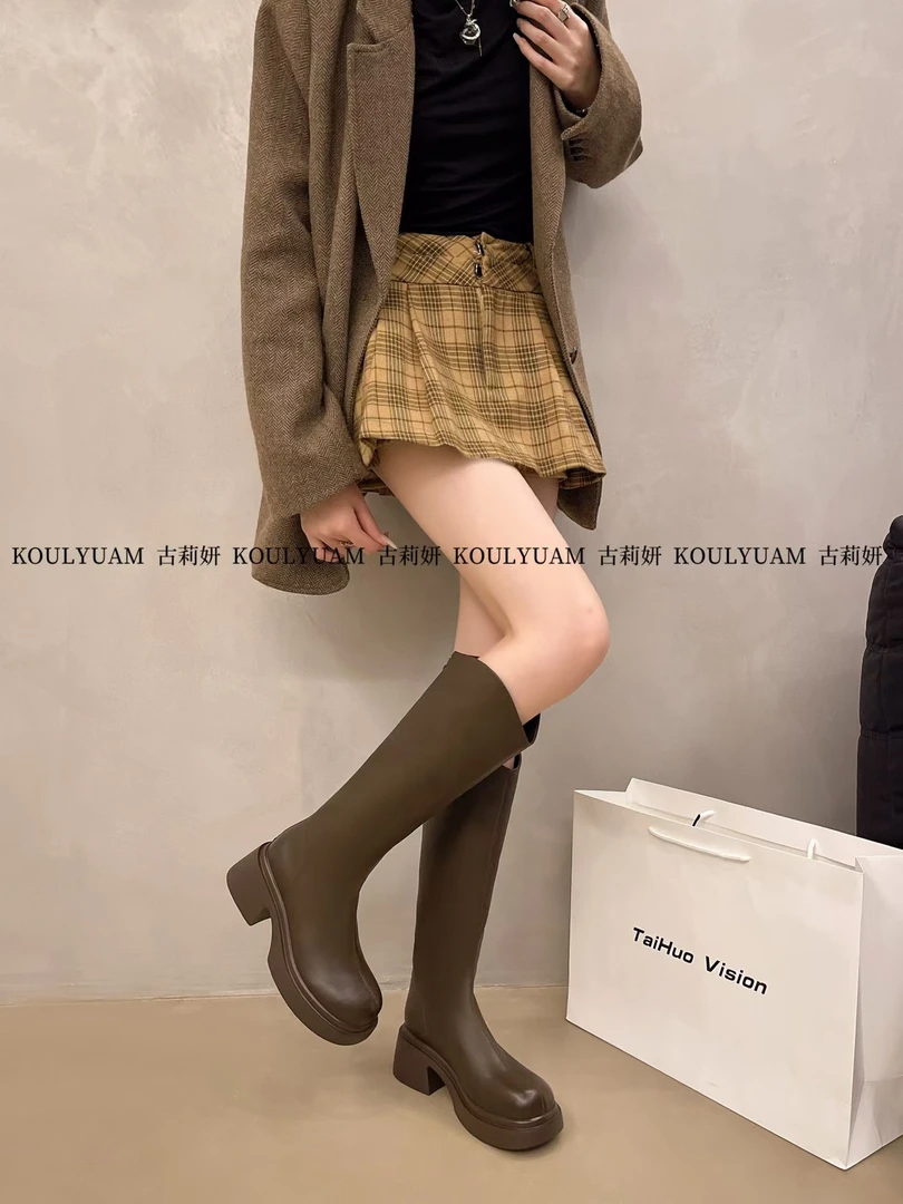 7815-85长筒靴厚底平口2023新款骑士靴圆头松糕底女靴