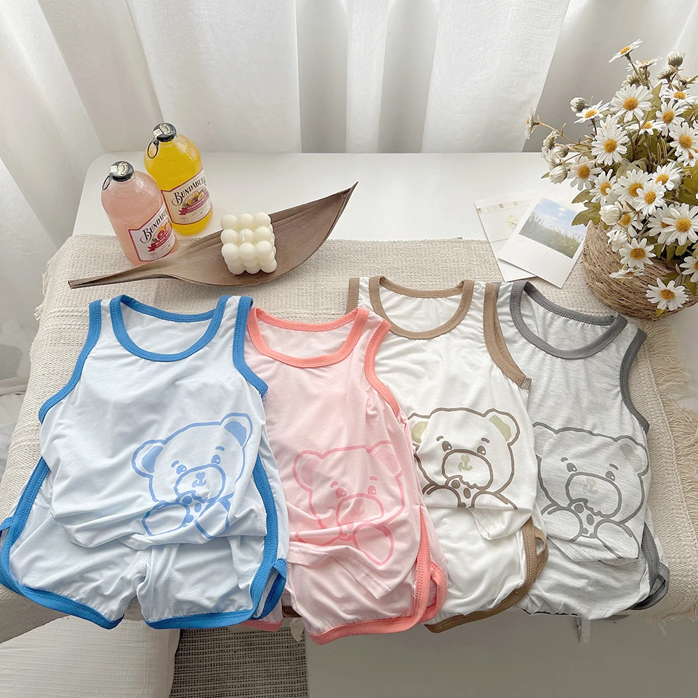 夏季透气薄款男童运动卡通女童印花夏季时尚背心套装