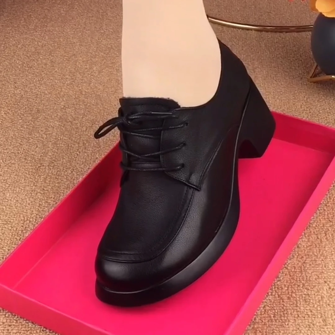 2024春秋新款英伦风小皮鞋女软皮粗跟厚底单鞋系带圆头软底妈妈鞋