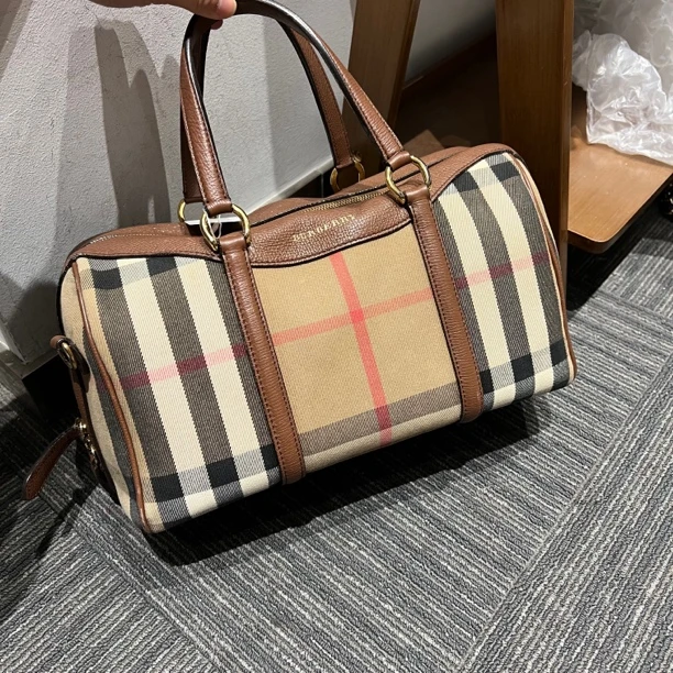 95新 BURBERRY/博柏利 巴宝莉拼棕帆布波士顿包/5998225