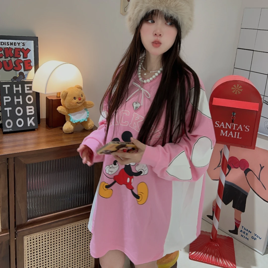 韩版ins学院风卡通图案宽松长袖T恤女甜美印花中长款圆领套头百搭