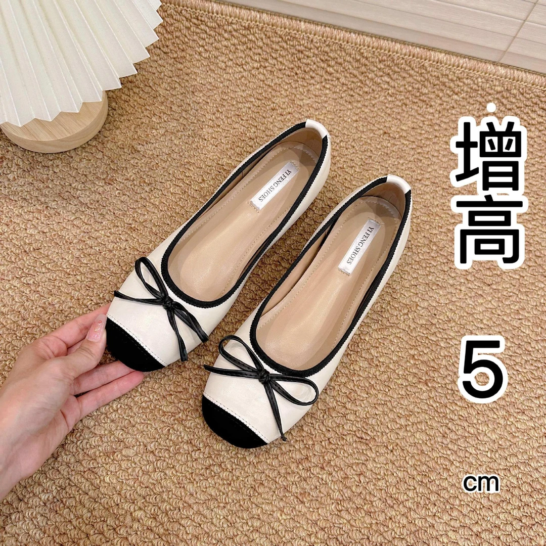 内增高女鞋蝴蝶结平底芭蕾单鞋女24秋季新款小香风圆头豹纹奶奶鞋