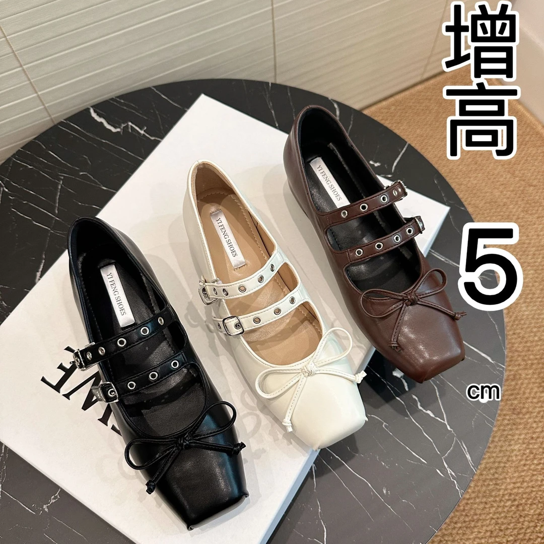 增高5cm蝴蝶结金属双扣带法式玛丽珍鞋女小众方头超软芭蕾鞋外穿