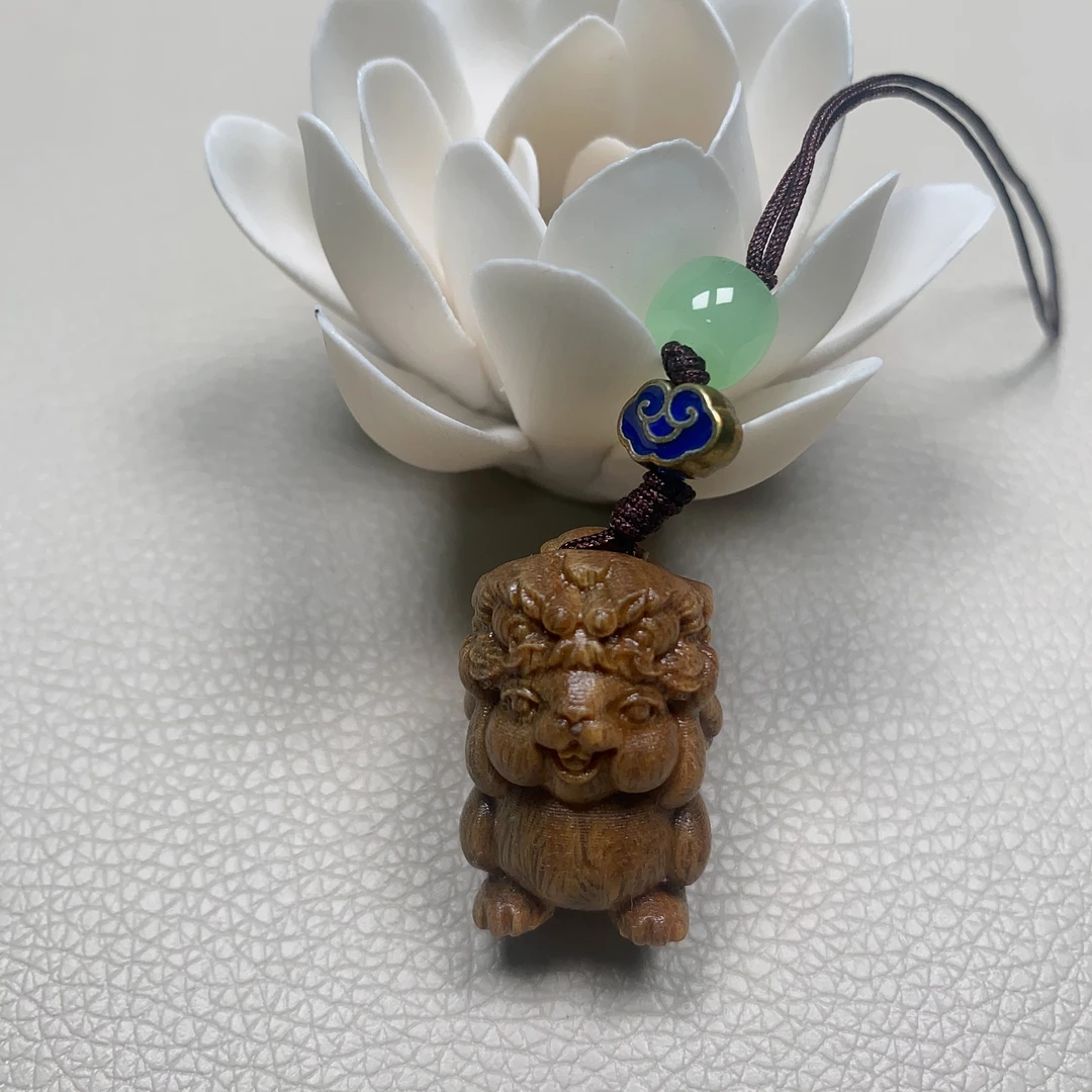 绿檀木雕可爱醒狮手机挂链实木民族风工艺钥匙扣包包挂件挂饰