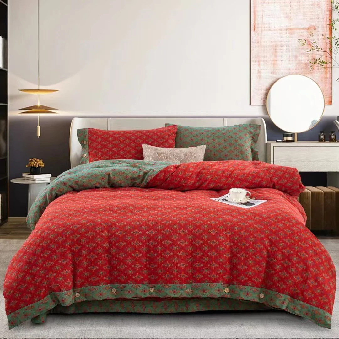 【花间物雨红-床单】A类纯棉双层纱色织提花柔软可机洗大红