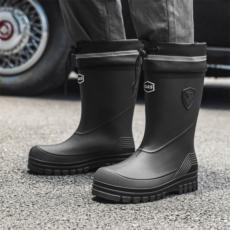 新款雨鞋男款中筒收紧束口水靴保暖雨靴防水工作厨房防滑钓鱼胶鞋