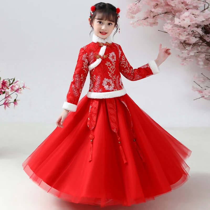 中国风拜年服红色长款儿童旗袍套装女宝汉服女童唐装加绒加厚裙子