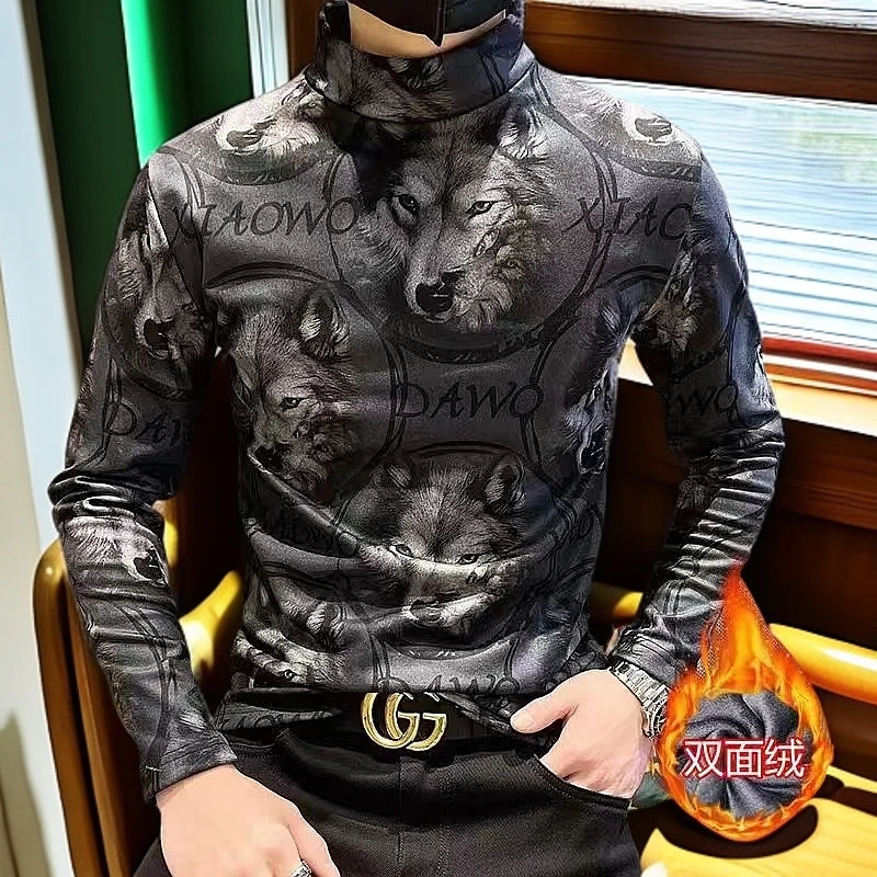 2024新款德绒半高领秋冬打底衫个性洋气印花内搭长袖T恤双面绒男