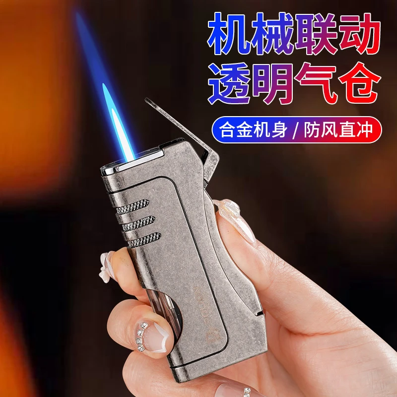 新款防风蓝焰直冲透明气仓机械打火机加气按点火金属机身创意网红