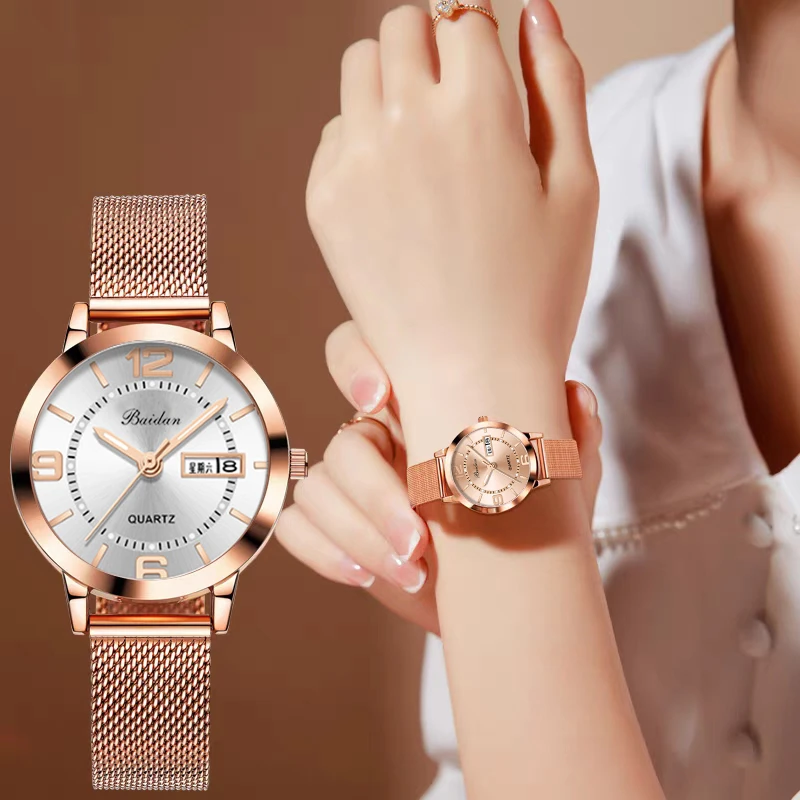 送老婆礼物女士手表韩版休闲时尚潮流百搭双日历防水石英表腕表