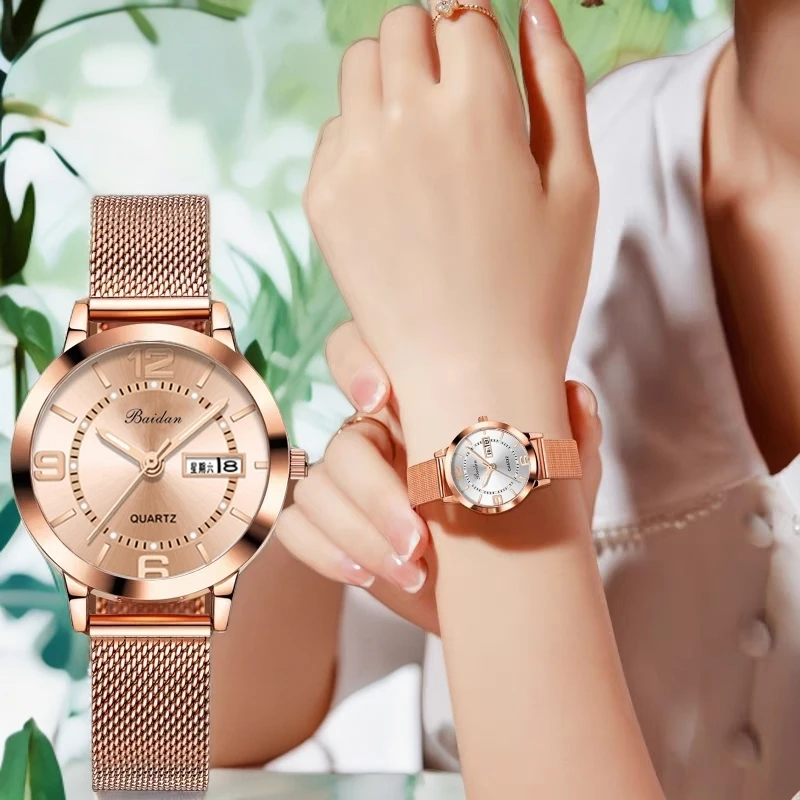 送老婆生日礼物女士ins气质手表韩版休闲时尚双日历防水石英腕表