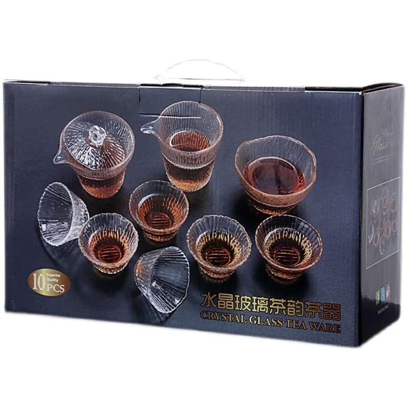 日式竹节纹玻璃公道杯耐热玻璃盖碗分功夫茶具彩盒茶杯高档家用
