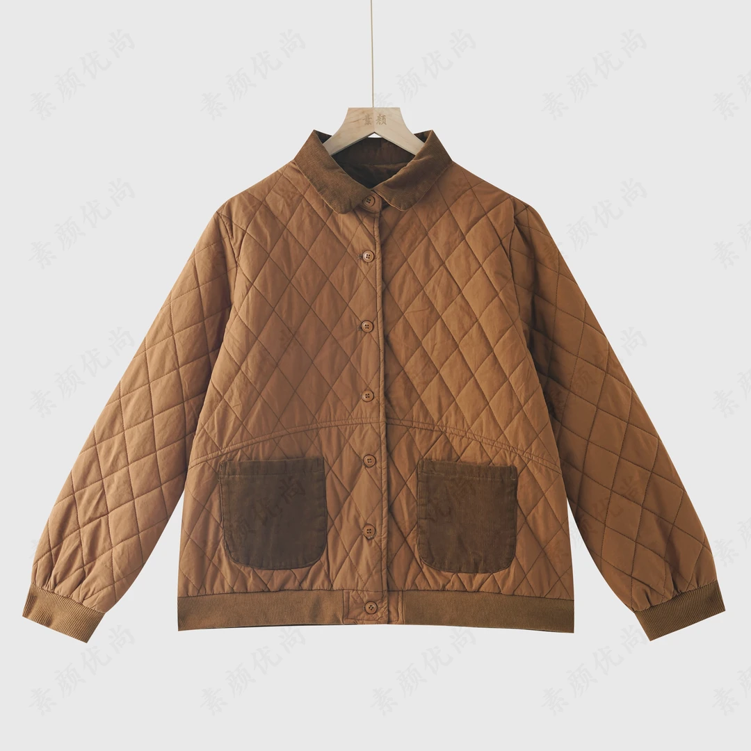 【素颜】2024秋冬新款保暖百搭坑条拼接衬衫领杜邦棉外套