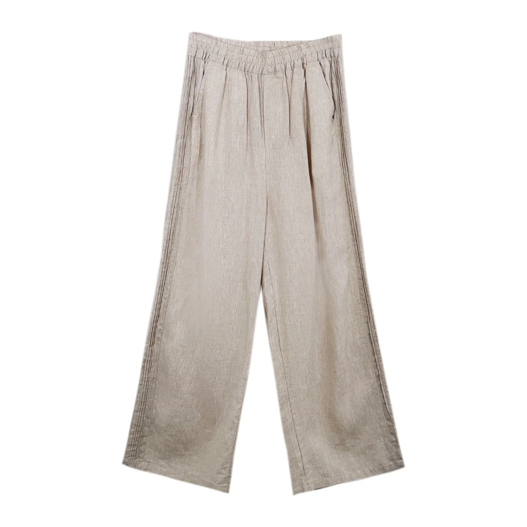 【素颜】2025砂洗亚麻国风阔腿长裤