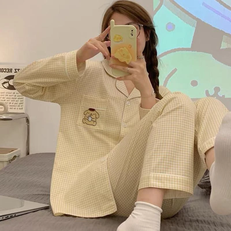 『格子布丁狗』睡衣女长袖2022年翻领甜美可爱家居服套装