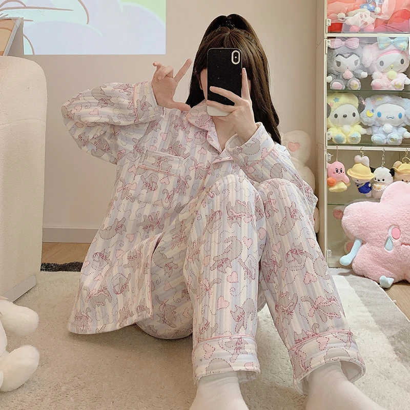 【多巴胺猫咪】2024年新款睡衣女空气绵夹层秋冬款长袖加厚家居服