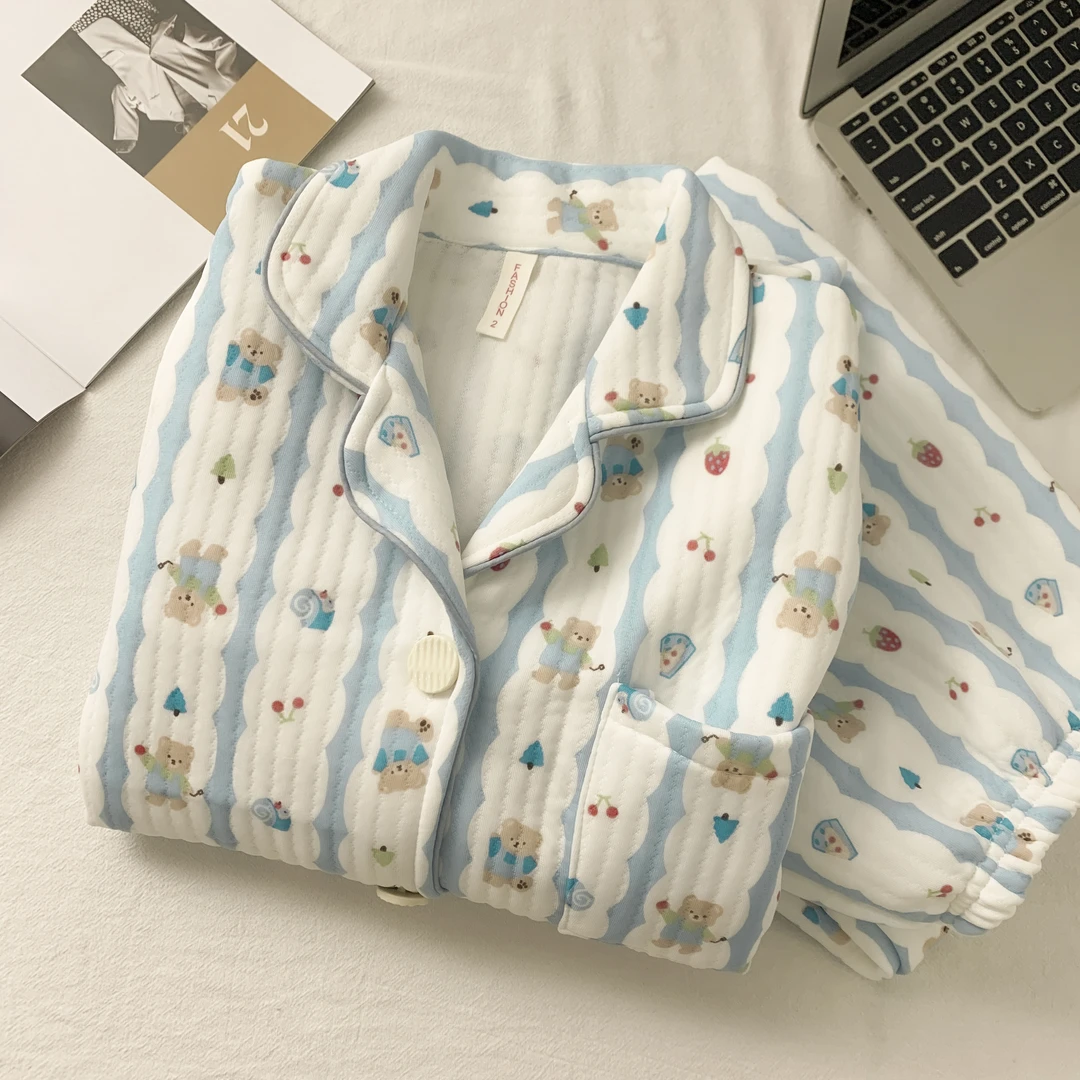 秋冬季新款卡通小熊睡衣女长袖长裤夹层加厚保暖空气棉家居服套装