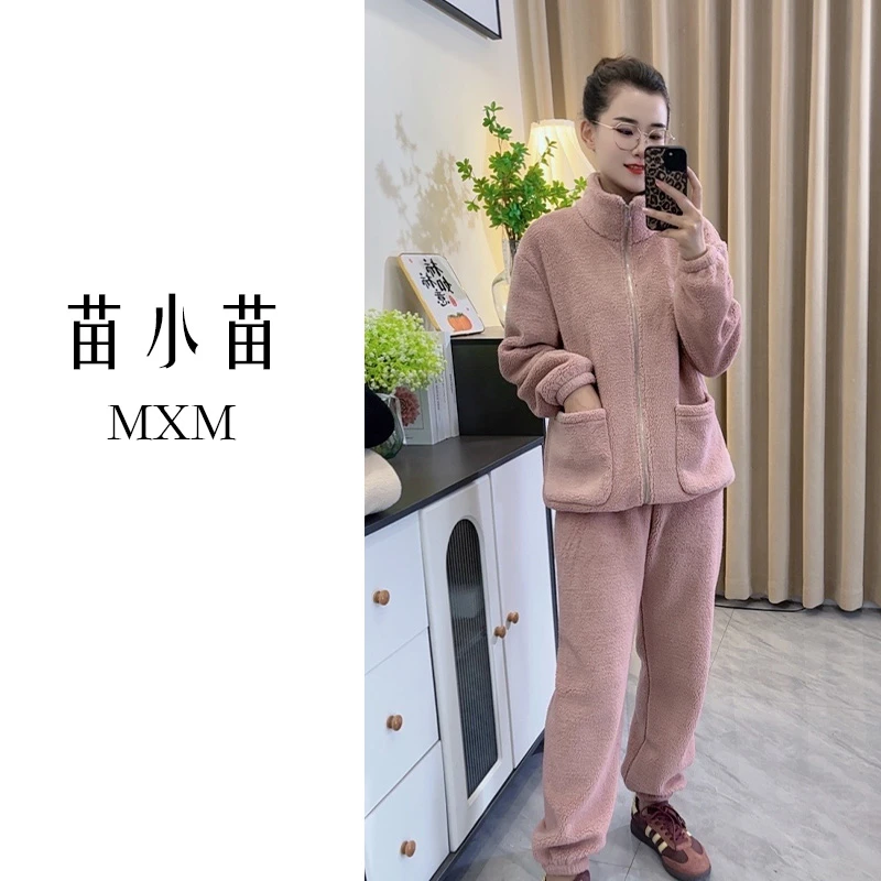 新款秋冬季熊猫绒睡衣女士可外穿家居服套装爆款加绒运动款两件套