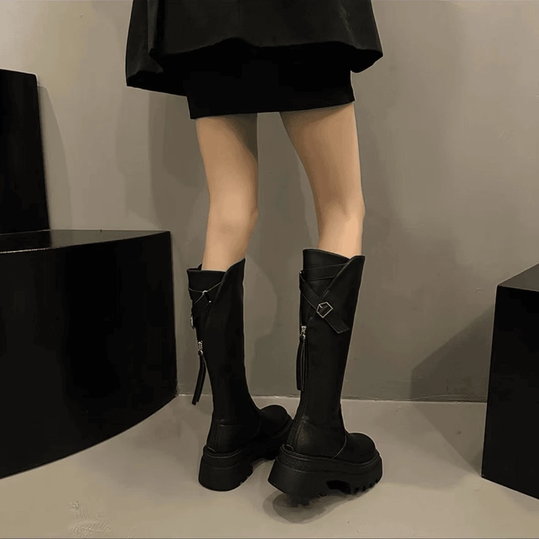 法式厚底小个子骑士靴2024时尚英伦机车风时髦感瘦瘦靴