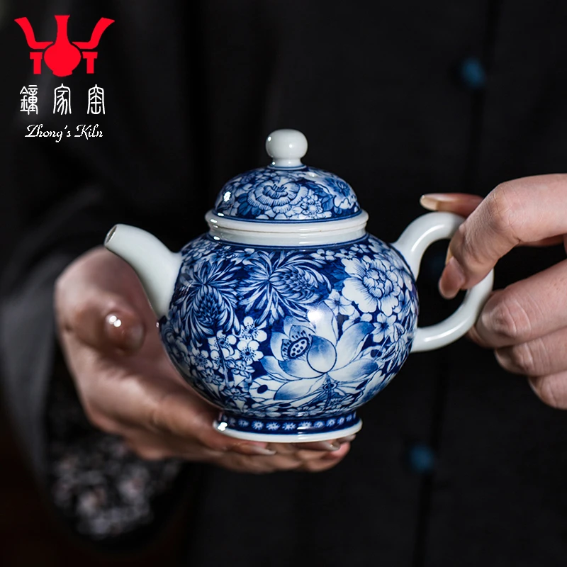 钟家窑茶壶 景德镇手绘青花柴窑万花瓷茶壶单壶小号功夫茶壶