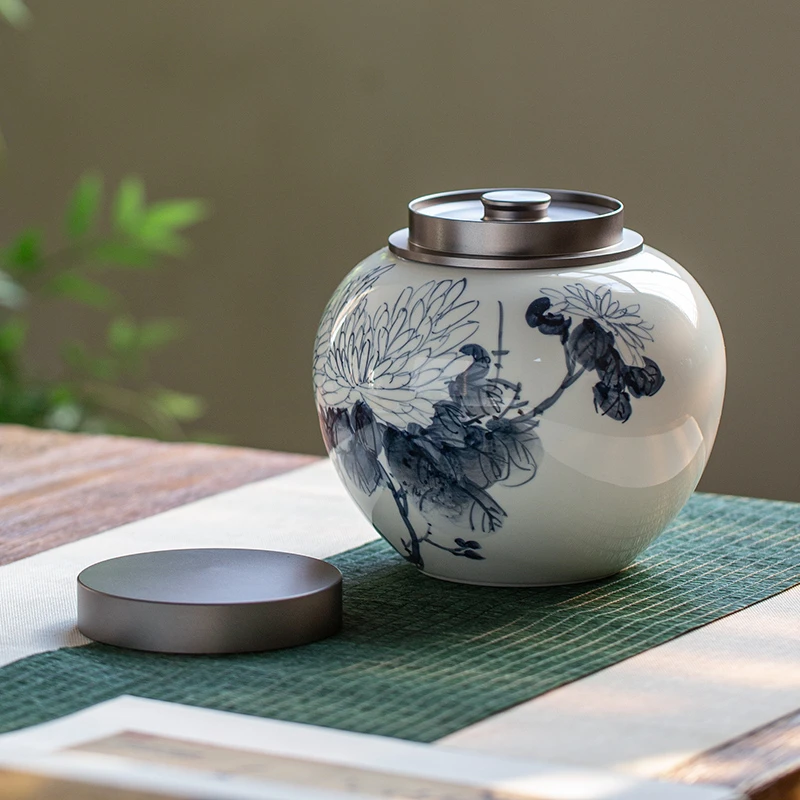 景德镇陶瓷锡茶叶罐景德镇手绘青花梅兰竹菊便携茶叶罐