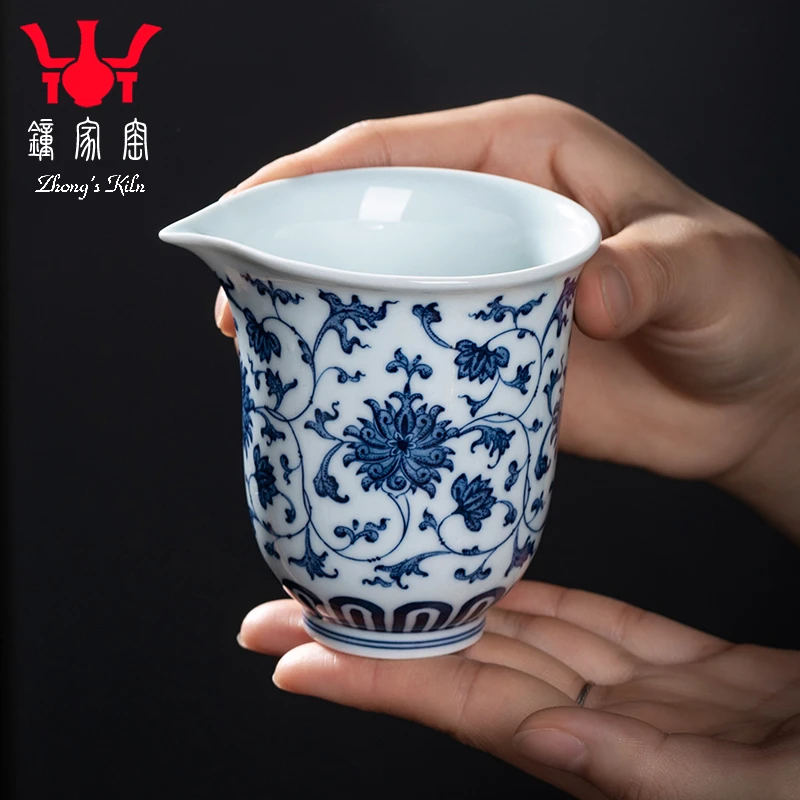 钟家窑陶瓷公道杯景德镇柴窑青花手绘点工缠枝花纹公道茶海分茶器