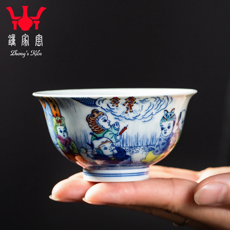 钟家窑陶瓷茶杯景德镇柴窑青花斗彩手绘童趣童子个人功夫茶具茶杯
