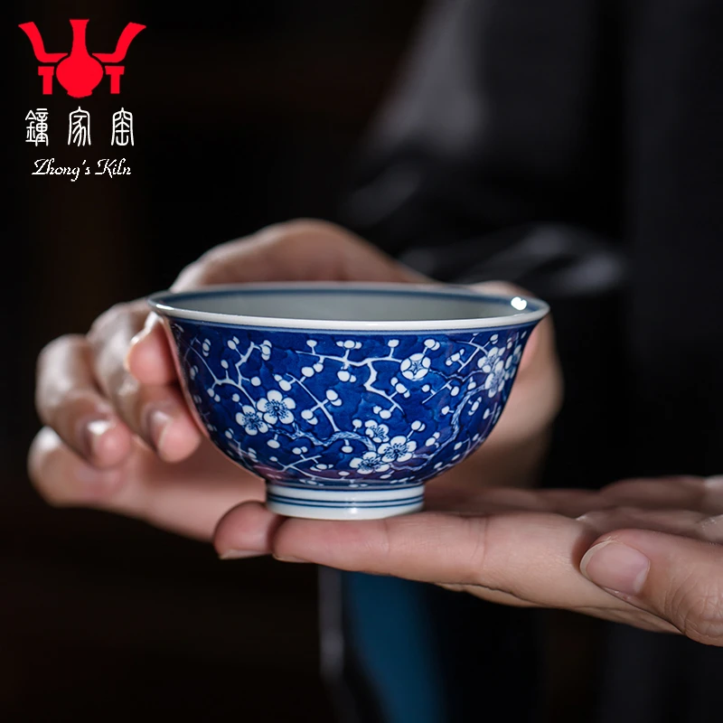 钟家窑主人杯景德镇手工手绘柴窑青花冰梅茶杯主人杯功夫茶具小杯