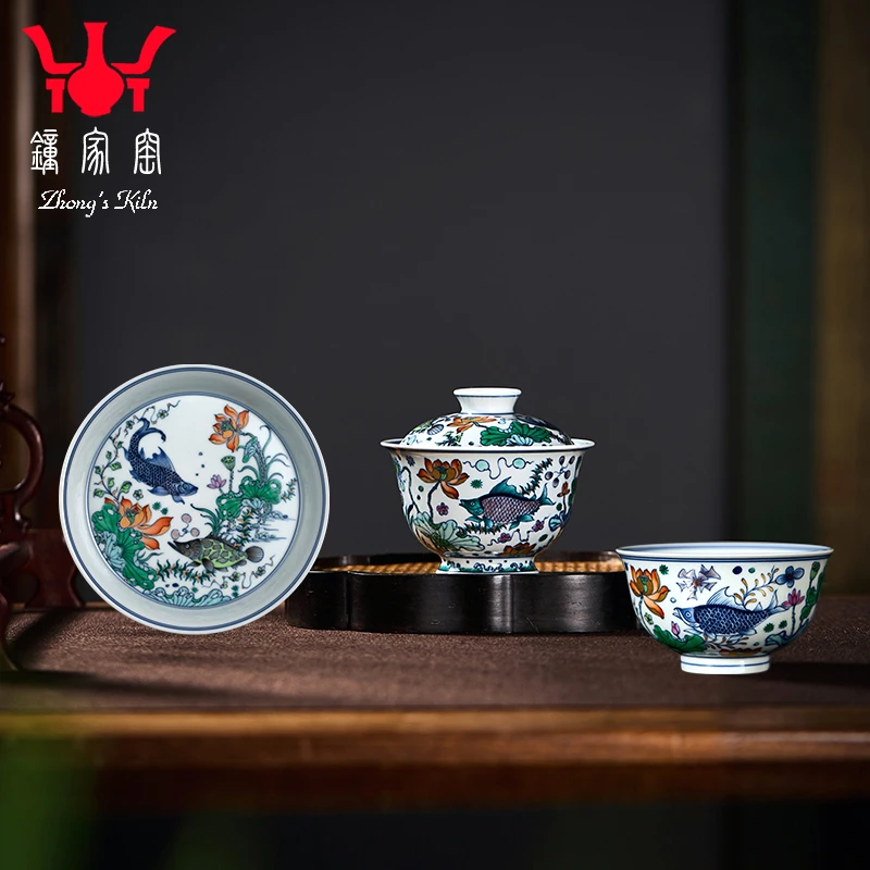 钟家窑青花斗彩柴窑手工描金手绘经典鱼藻纹小套组盖碗壶承主人杯