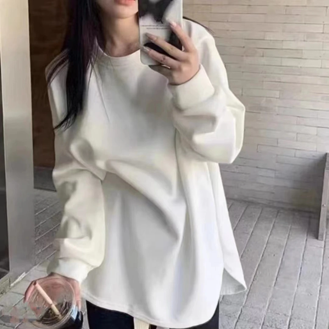【圆领净面】秋冬韩版宽松百搭圆领白色加厚加绒长袖T恤打底衫上衣