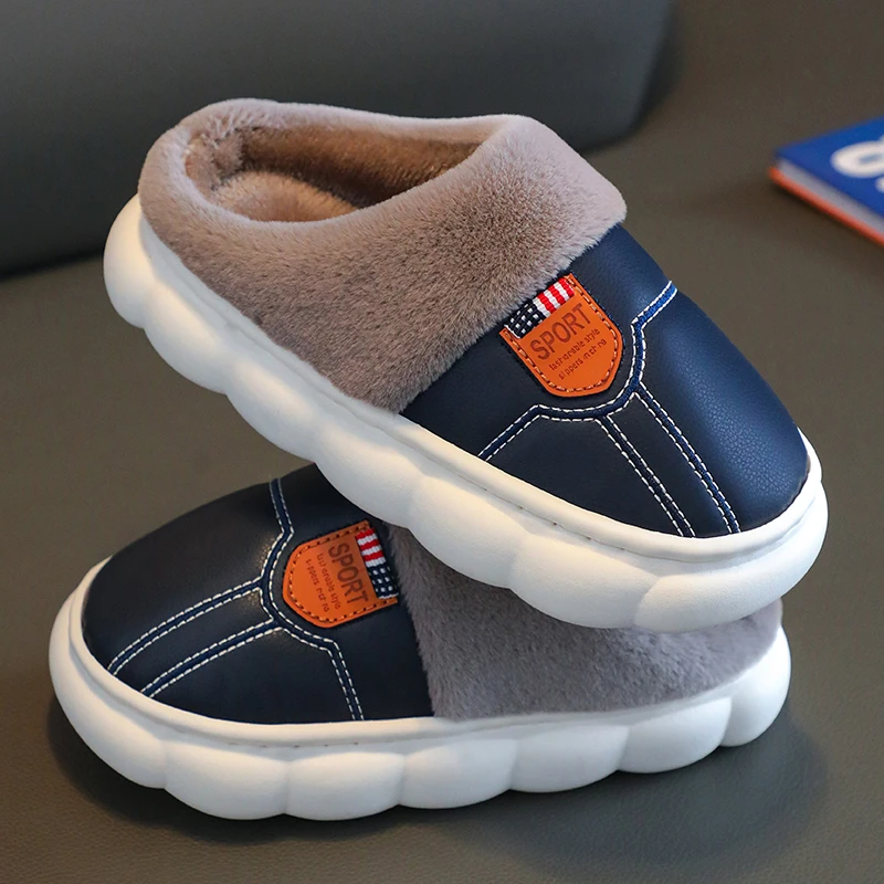 防水pu皮面棉拖鞋儿童冬季室内家居外穿保暖防滑厚底棉鞋亲子冬天