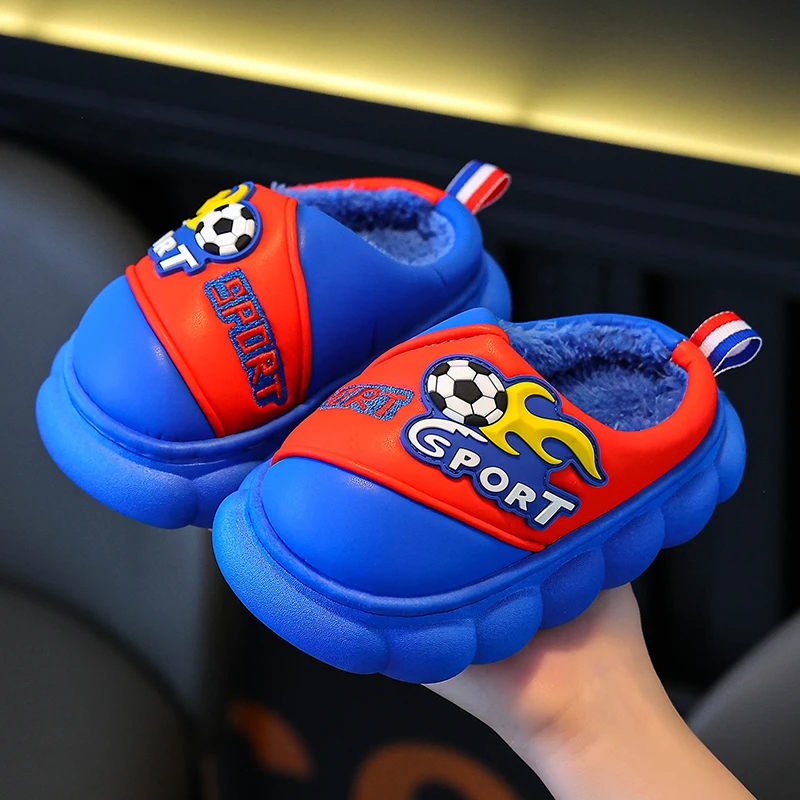 儿童棉拖鞋男童软底加绒加厚保暖pu皮防水防滑卡通宝宝外穿棉拖鞋