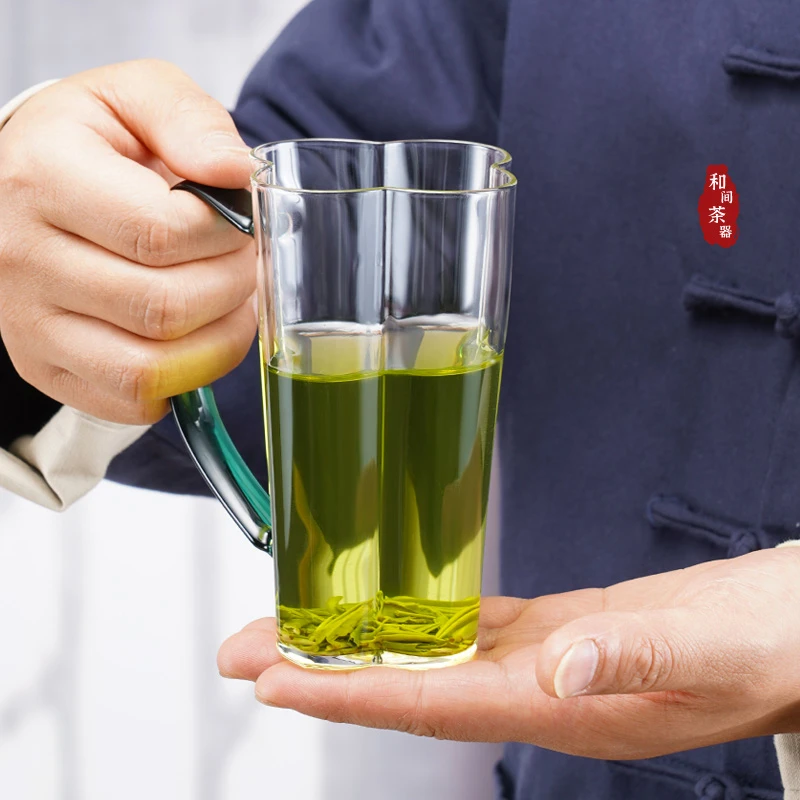 花瓣绿茶杯玻璃杯泡绿茶专用高档带把手水杯家用透明茶杯花茶杯子
