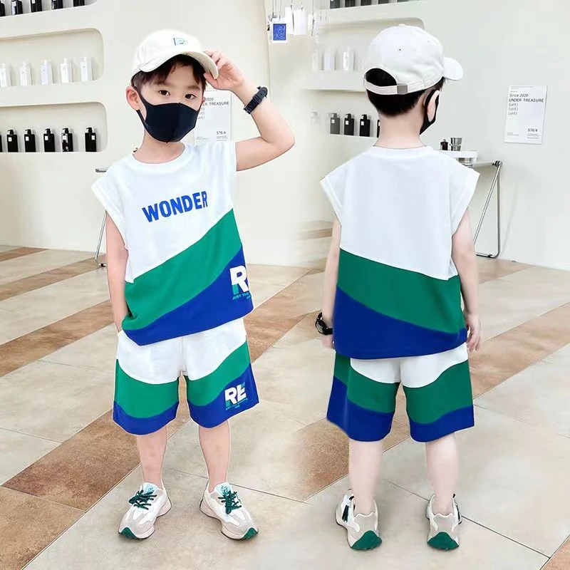 男童夏装套装无袖背心2023新款洋气男孩儿童衣服直播间帅气衣服