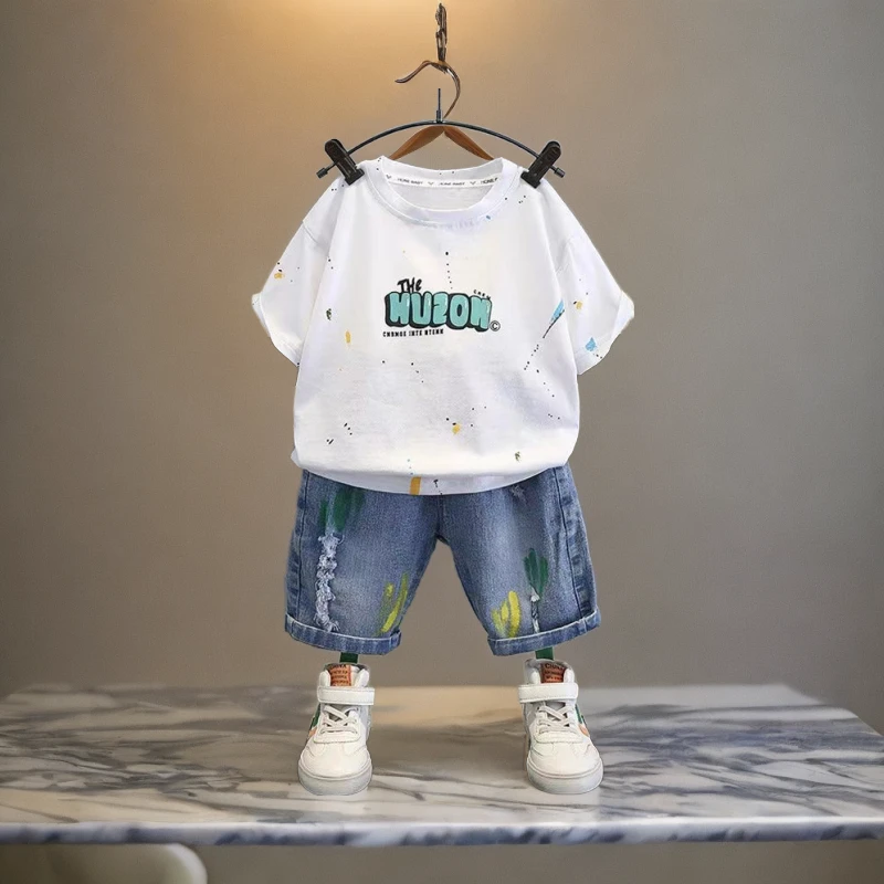 男童夏季套装2024新款儿童短袖洋气宝宝夏季装帅气炸街牛仔套装奥