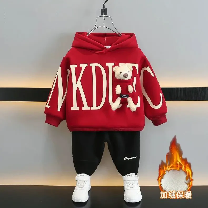 男童连帽卫衣套装秋冬季加绒2024新款洋气中小儿童衣服宝宝冬装潮