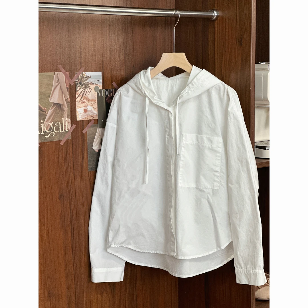 【欢喜家】2024春季新款连帽纯色简约宽松长袖衬衫