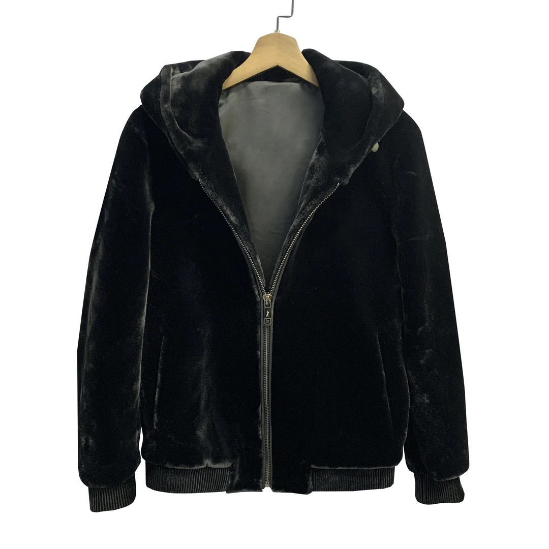 欧货【名品轻奢】绵羊皮黑色连帽夹克秋冬厚款男士保暖外套8753