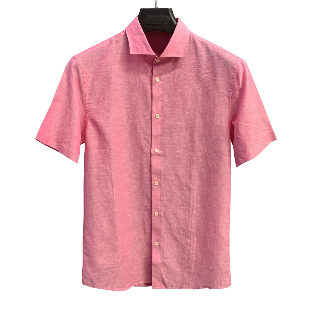 堡家【棉+亚麻】粉红色纯色衬衣短袖衬衫春夏休闲男款320C41B