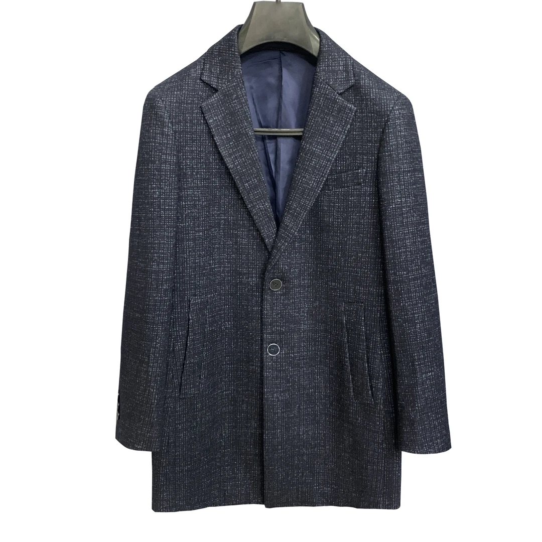 鸟【绵羊毛大衣】蓝色粗花呢男款毛呢大衣中长款秋冬商务外套DY024